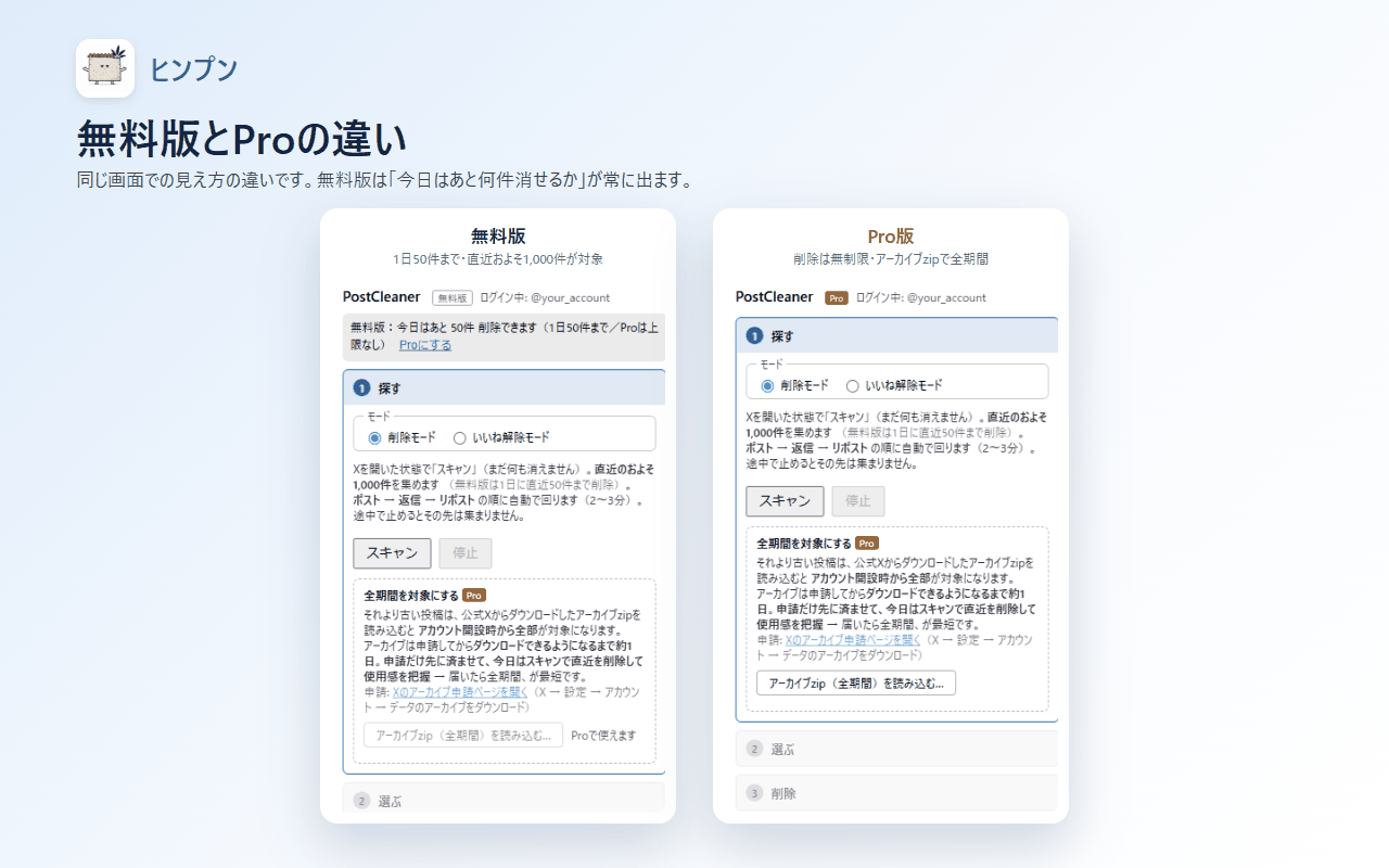 無料版とPro版の画面の違い。無料版は残り件数の表示が出て、アーカイブzipの読み込みが選べない。